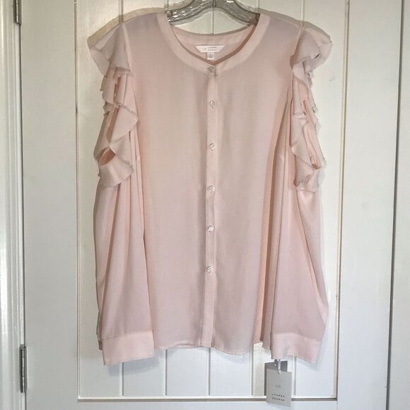 Lauren Conrad Long Sleeve Cold Shoulder Button Front Blouse LARGE NWT - Picture 1 of 6